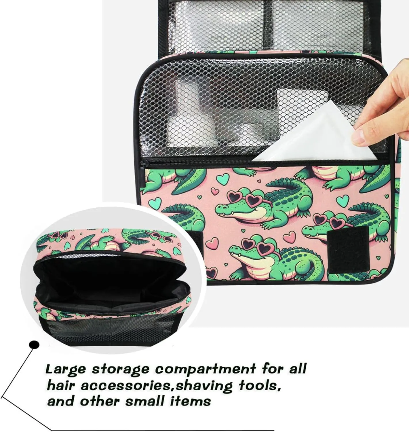 Hanging Toiletry Bag Cute Cartoon Alligator Crocodiles Travel Makeup bag for Toiletries Portable Travel Toiletry Organizer Cosmetic Bags with Hanging Hook