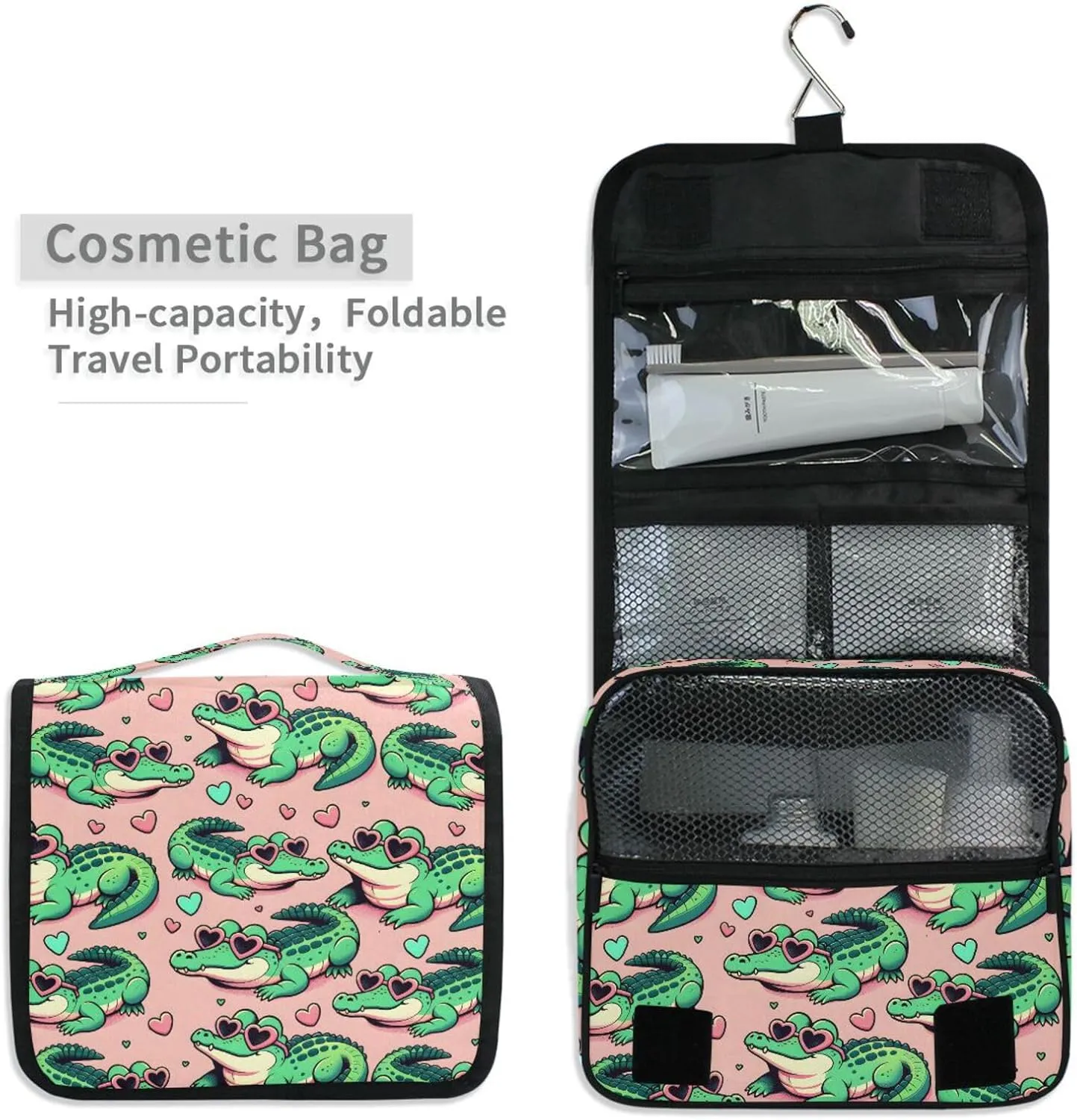Hanging Toiletry Bag Cute Cartoon Alligator Crocodiles Travel Makeup bag for Toiletries Portable Travel Toiletry Organizer Cosmetic Bags with Hanging Hook