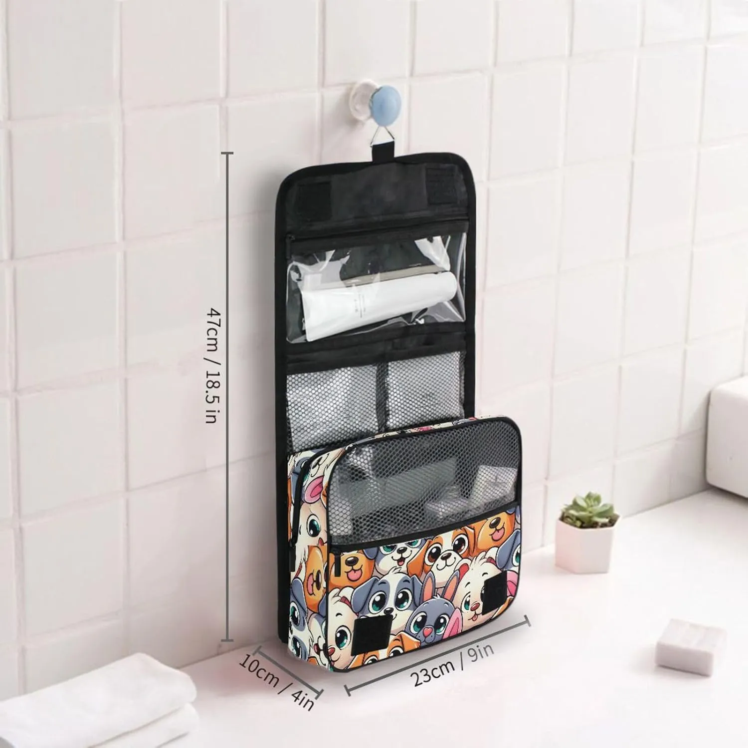 Hanging Toiletry Bag Cute Dogs Head Travel Makeup bag for Toiletries Portable Travel Toiletry Organizer Cosmetic Bags with Hanging Hook