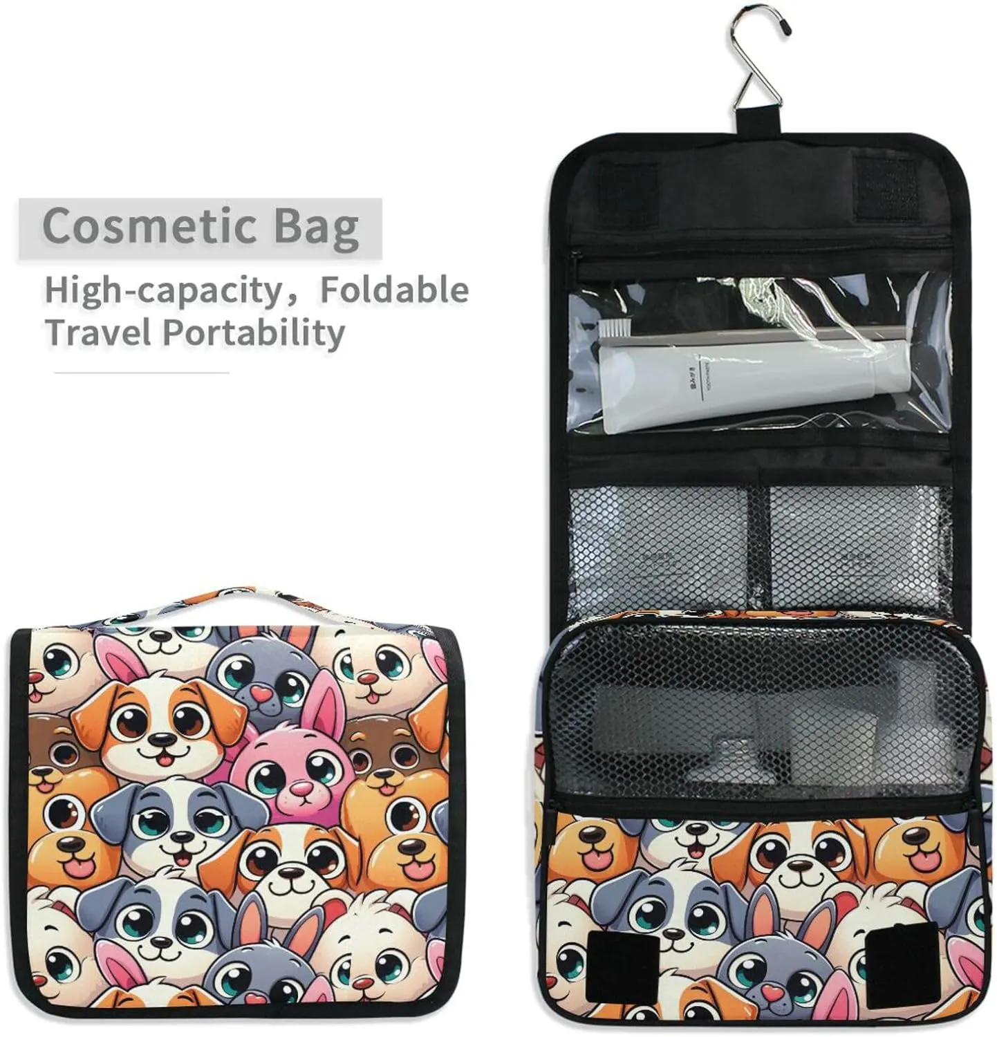 Hanging Toiletry Bag Cute Dogs Head Travel Makeup bag for Toiletries Portable Travel Toiletry Organizer Cosmetic Bags with Hanging Hook