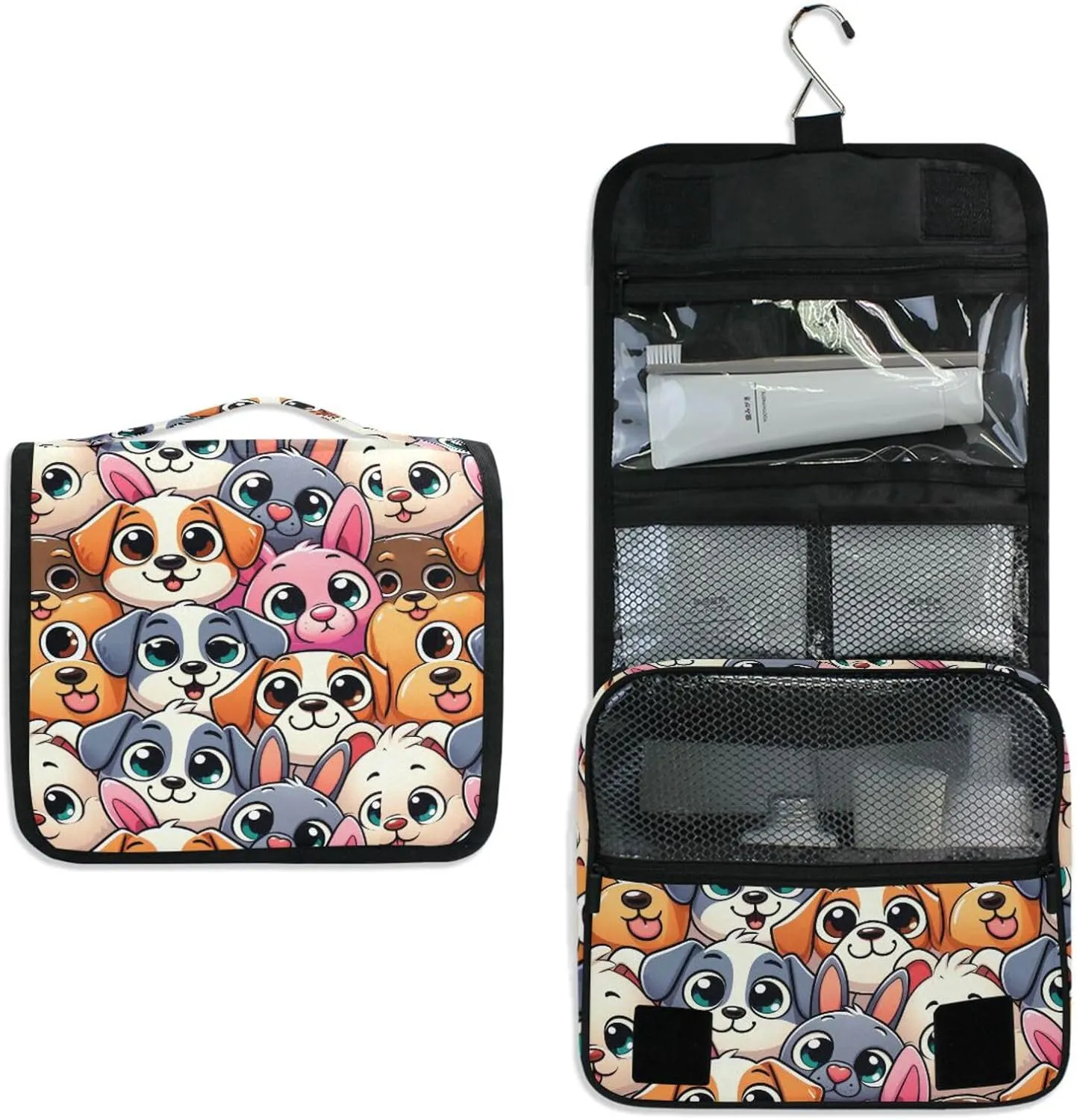 Hanging Toiletry Bag Cute Dogs Head Travel Makeup bag for Toiletries Portable Travel Toiletry Organizer Cosmetic Bags with Hanging Hook