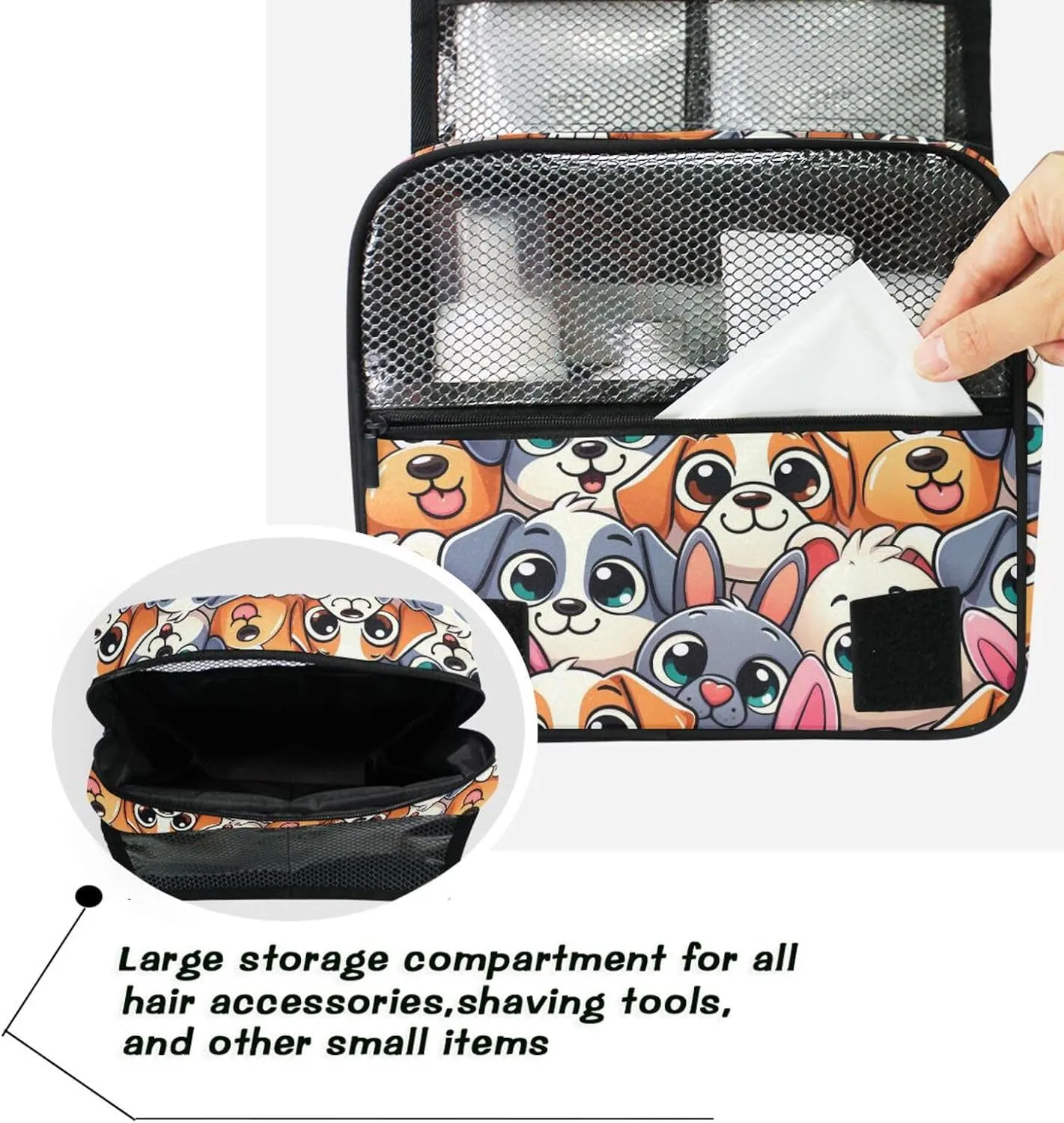 Hanging Toiletry Bag Cute Dogs Head Travel Makeup bag for Toiletries Portable Travel Toiletry Organizer Cosmetic Bags with Hanging Hook