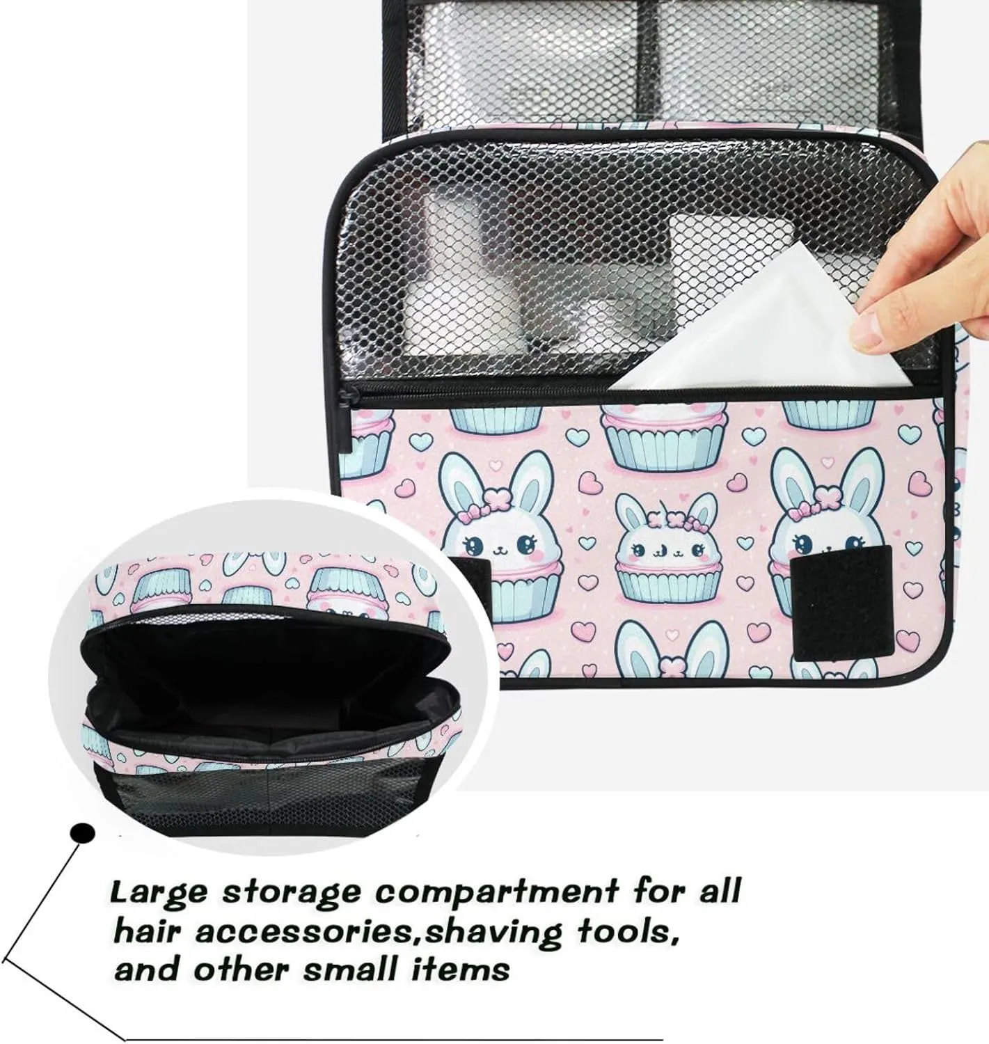 Hanging Toiletry Bag Cute Rabbit Head Pink Travel Makeup bag for Toiletries Portable Travel Toiletry Organizer Cosmetic Bags with Hanging Hook