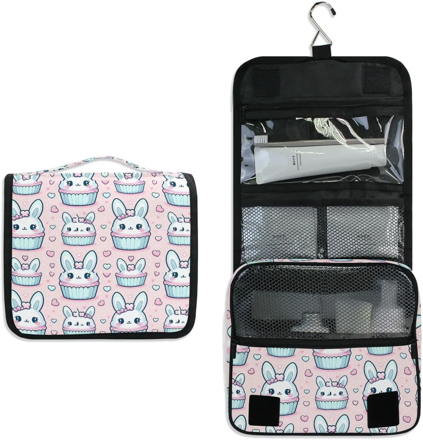 Hanging Toiletry Bag Cute Rabbit Head Pink Travel Makeup bag for Toiletries Portable Travel Toiletry Organizer Cosmetic Bags with Hanging Hook