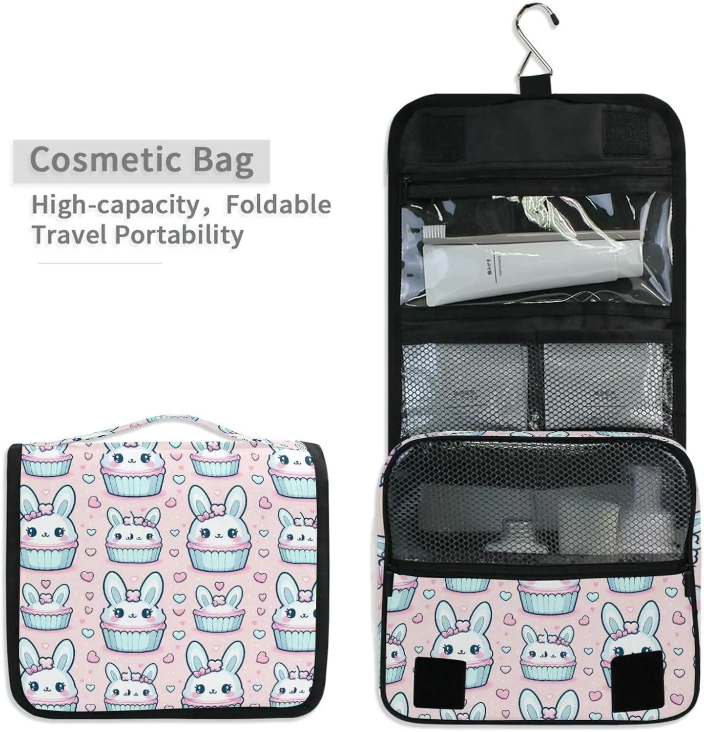 Hanging Toiletry Bag Cute Rabbit Head Pink Travel Makeup bag for Toiletries Portable Travel Toiletry Organizer Cosmetic Bags with Hanging Hook