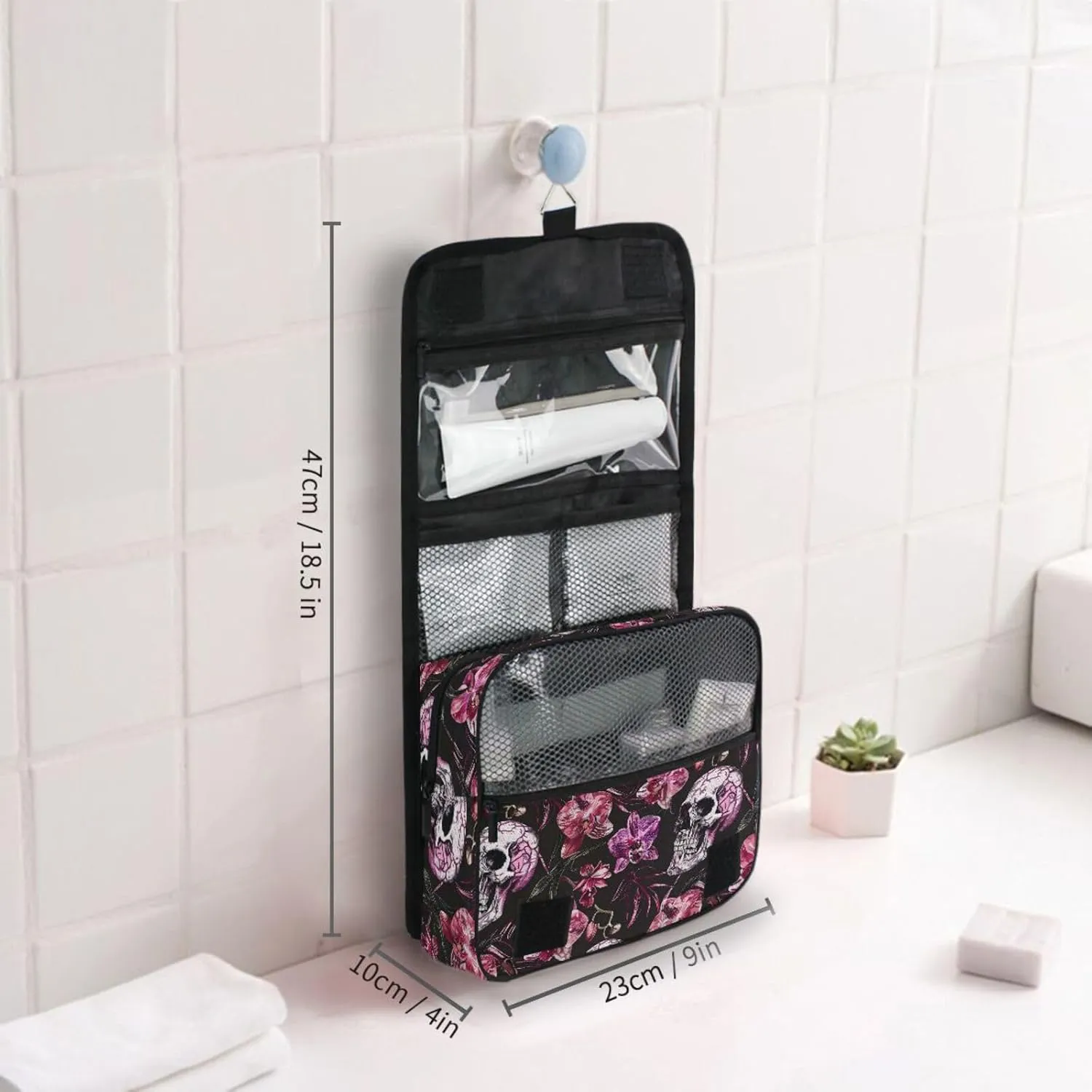 Hanging Toiletry Bag Flowers Skeletons Travel Makeup bag for Toiletries Portable Travel Toiletry Organizer Cosmetic Bags with Hanging Hook