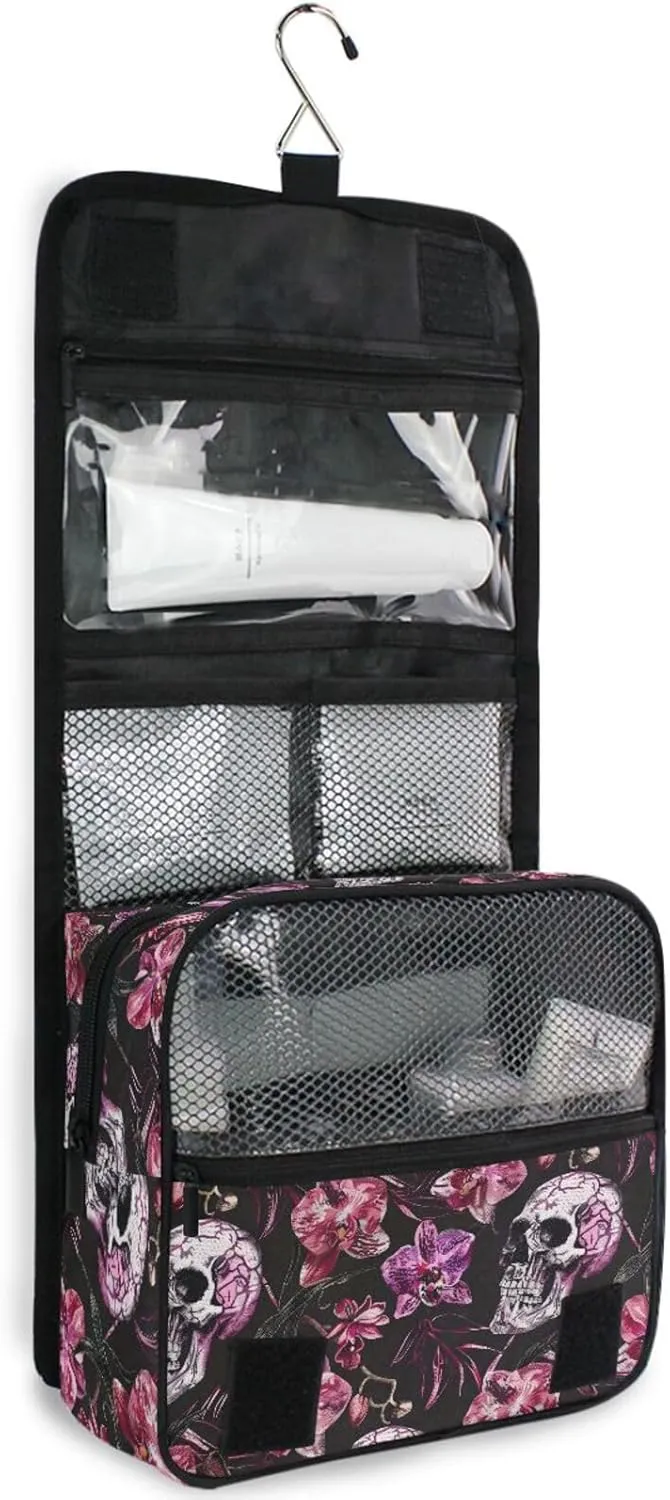 Hanging Toiletry Bag Flowers Skeletons Travel Makeup bag for Toiletries Portable Travel Toiletry Organizer Cosmetic Bags with Hanging Hook