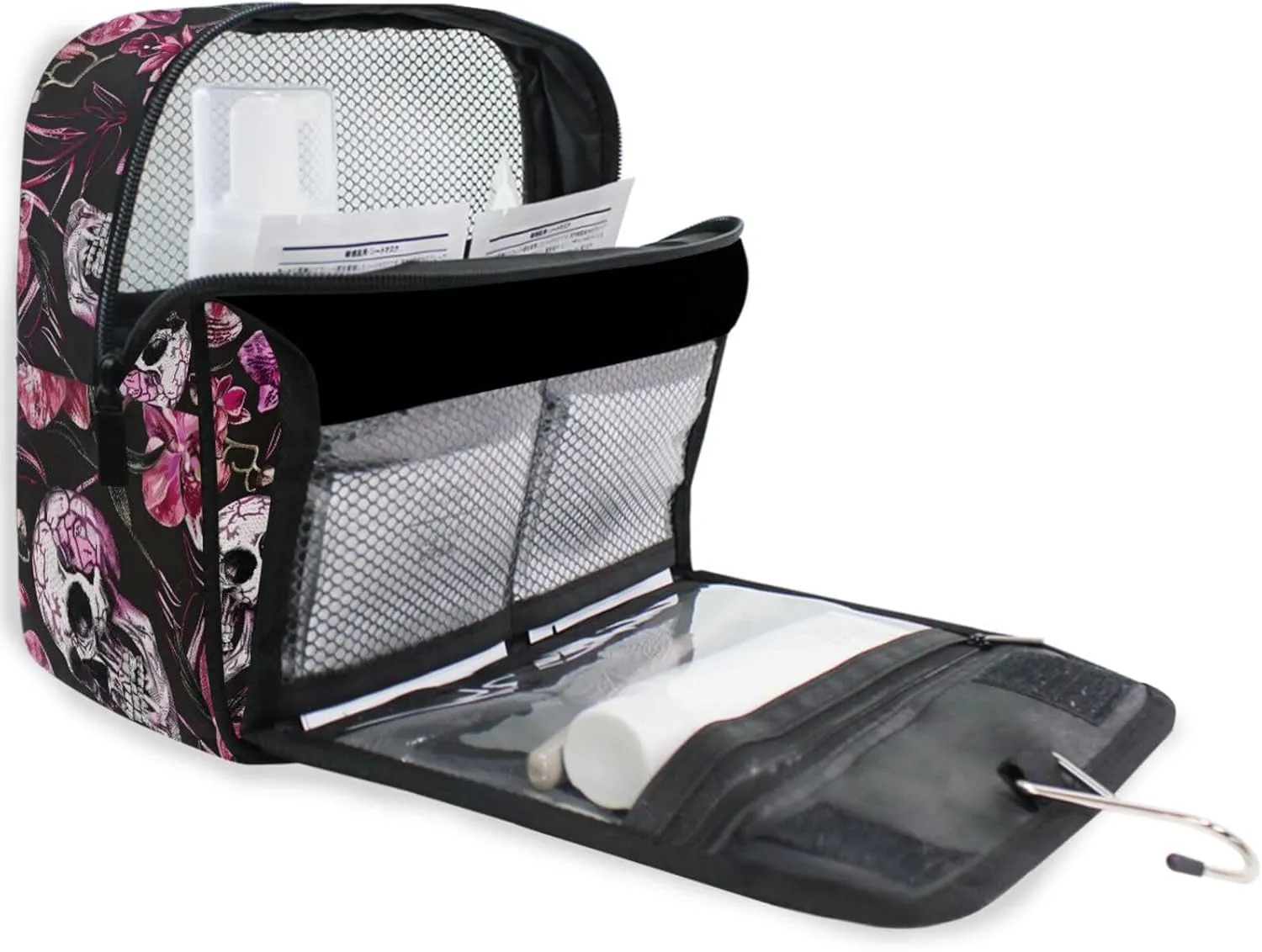 Hanging Toiletry Bag Flowers Skeletons Travel Makeup bag for Toiletries Portable Travel Toiletry Organizer Cosmetic Bags with Hanging Hook