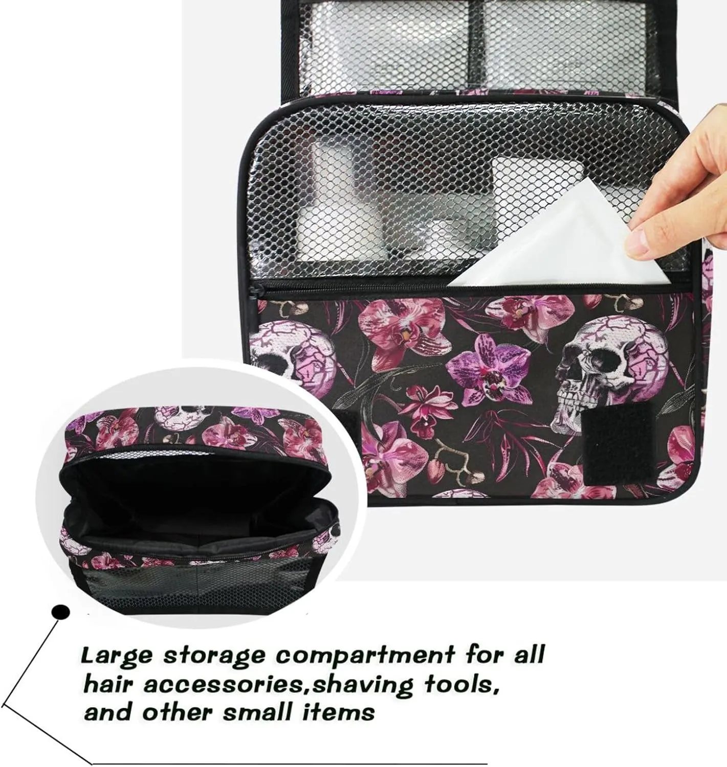 Hanging Toiletry Bag Flowers Skeletons Travel Makeup bag for Toiletries Portable Travel Toiletry Organizer Cosmetic Bags with Hanging Hook