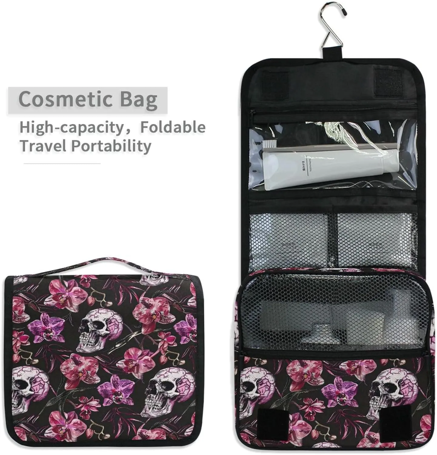Hanging Toiletry Bag Flowers Skeletons Travel Makeup bag for Toiletries Portable Travel Toiletry Organizer Cosmetic Bags with Hanging Hook
