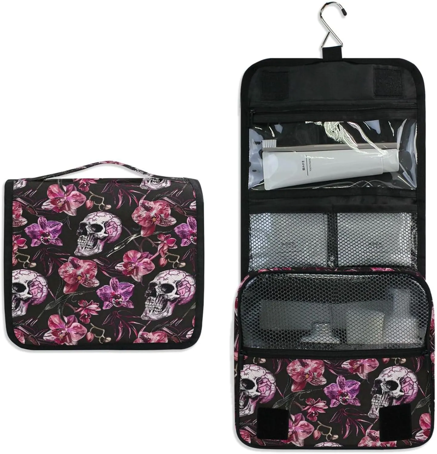 Hanging Toiletry Bag Flowers Skeletons Travel Makeup bag for Toiletries Portable Travel Toiletry Organizer Cosmetic Bags with Hanging Hook