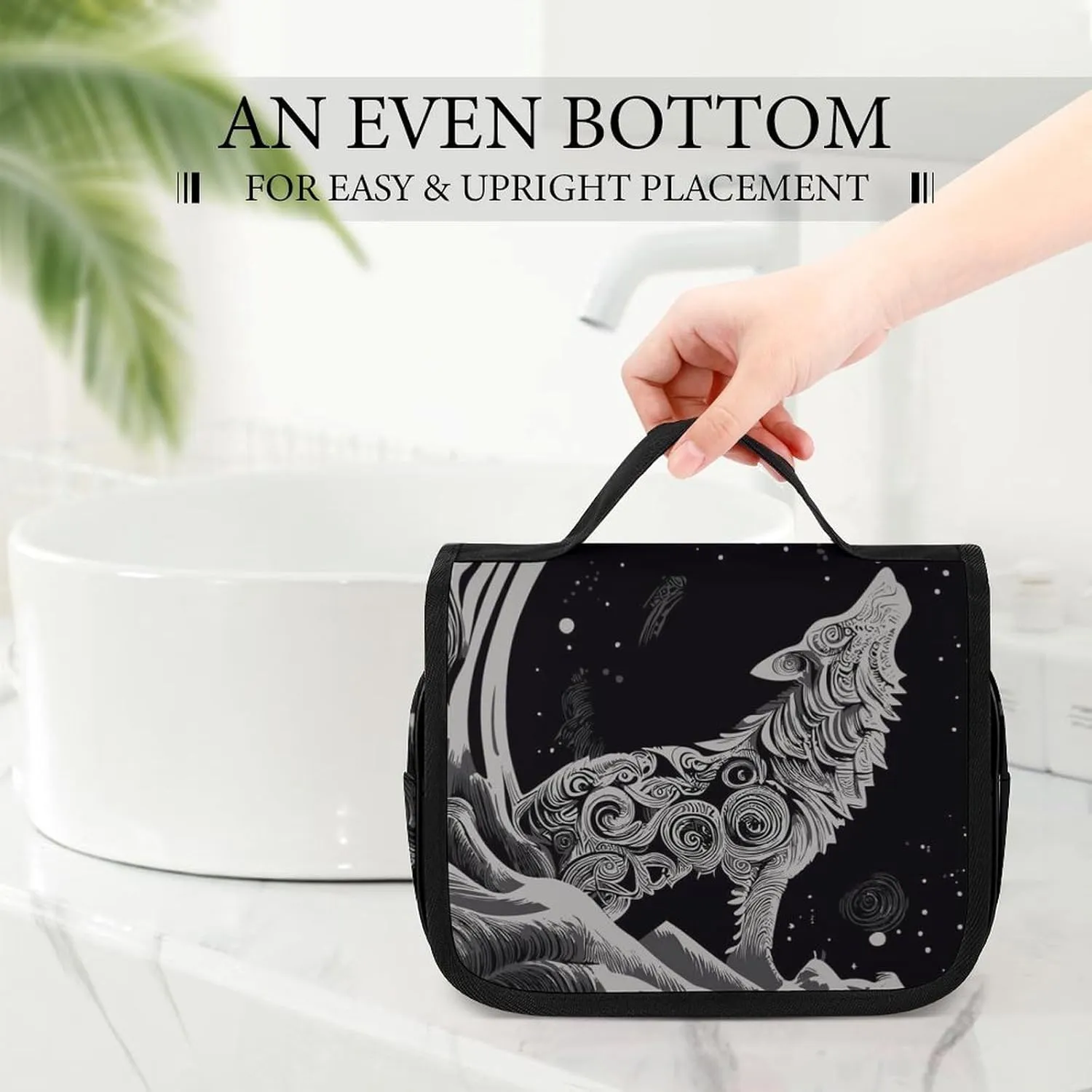 Hanging Toiletry Bag for Bathroom, Wolf Howling Moon Water-Resistant Cosmetic Storage Bag, Large Travel Makeup Case Organizer for Women Men