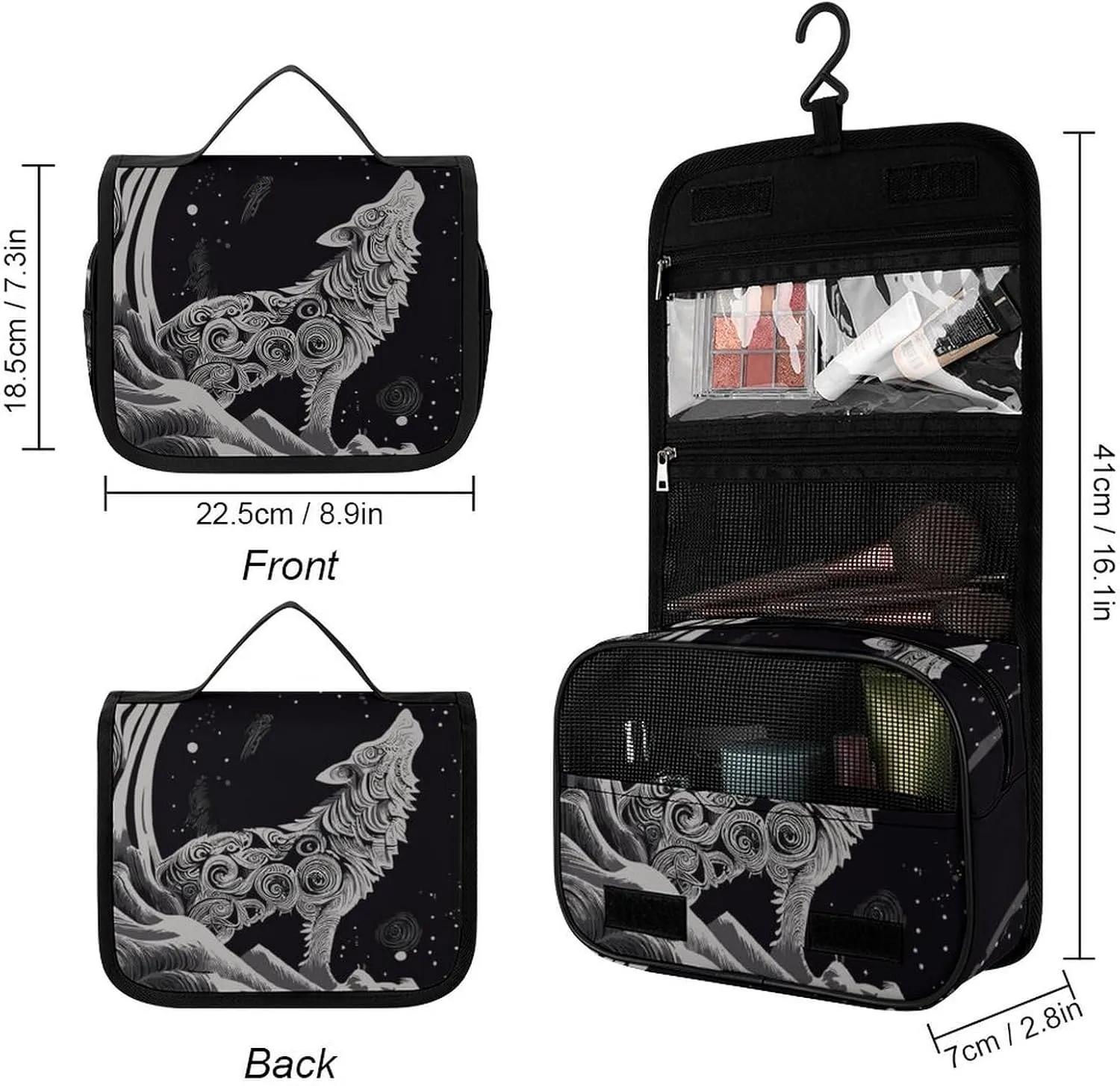 Hanging Toiletry Bag for Bathroom, Wolf Howling Moon Water-Resistant Cosmetic Storage Bag, Large Travel Makeup Case Organizer for Women Men