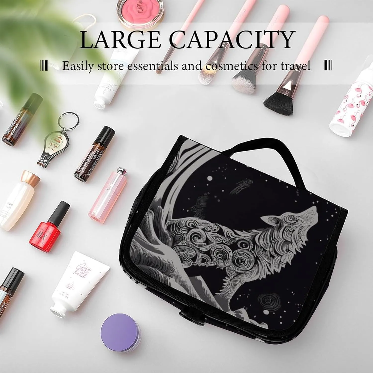 Hanging Toiletry Bag for Bathroom, Wolf Howling Moon Water-Resistant Cosmetic Storage Bag, Large Travel Makeup Case Organizer for Women Men