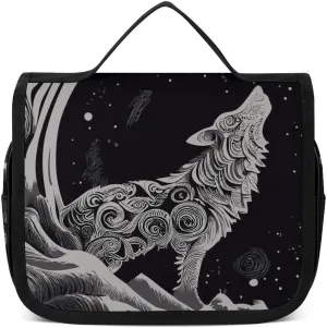 Hanging Toiletry Bag for Bathroom, Wolf Howling Moon Water-Resistant Cosmetic Storage Bag, Large Travel Makeup Case Organizer for Women Men