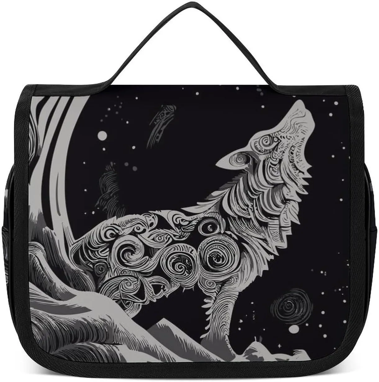 Hanging Toiletry Bag for Bathroom, Wolf Howling Moon Water-Resistant Cosmetic Storage Bag, Large Travel Makeup Case Organizer for Women Men