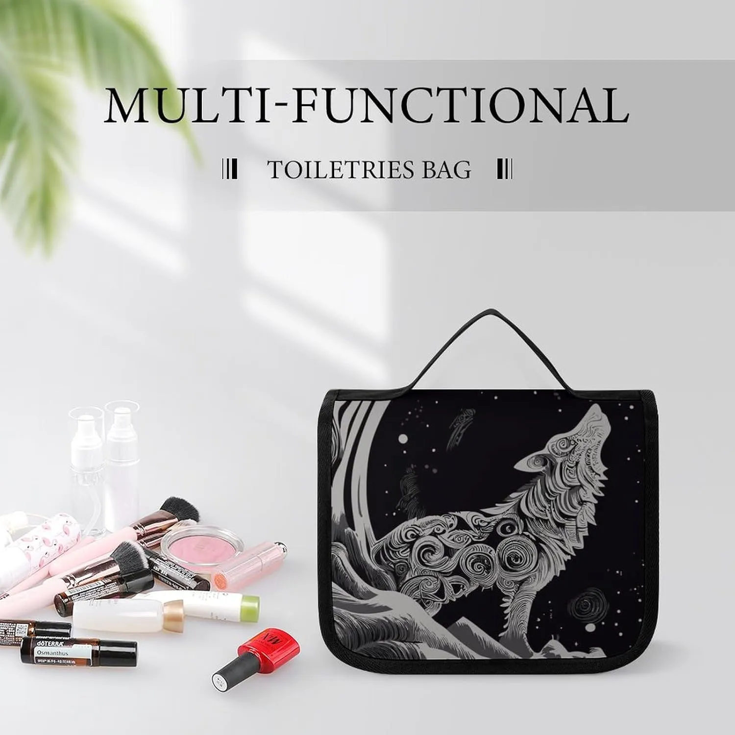 Hanging Toiletry Bag for Bathroom, Wolf Howling Moon Water-Resistant Cosmetic Storage Bag, Large Travel Makeup Case Organizer for Women Men