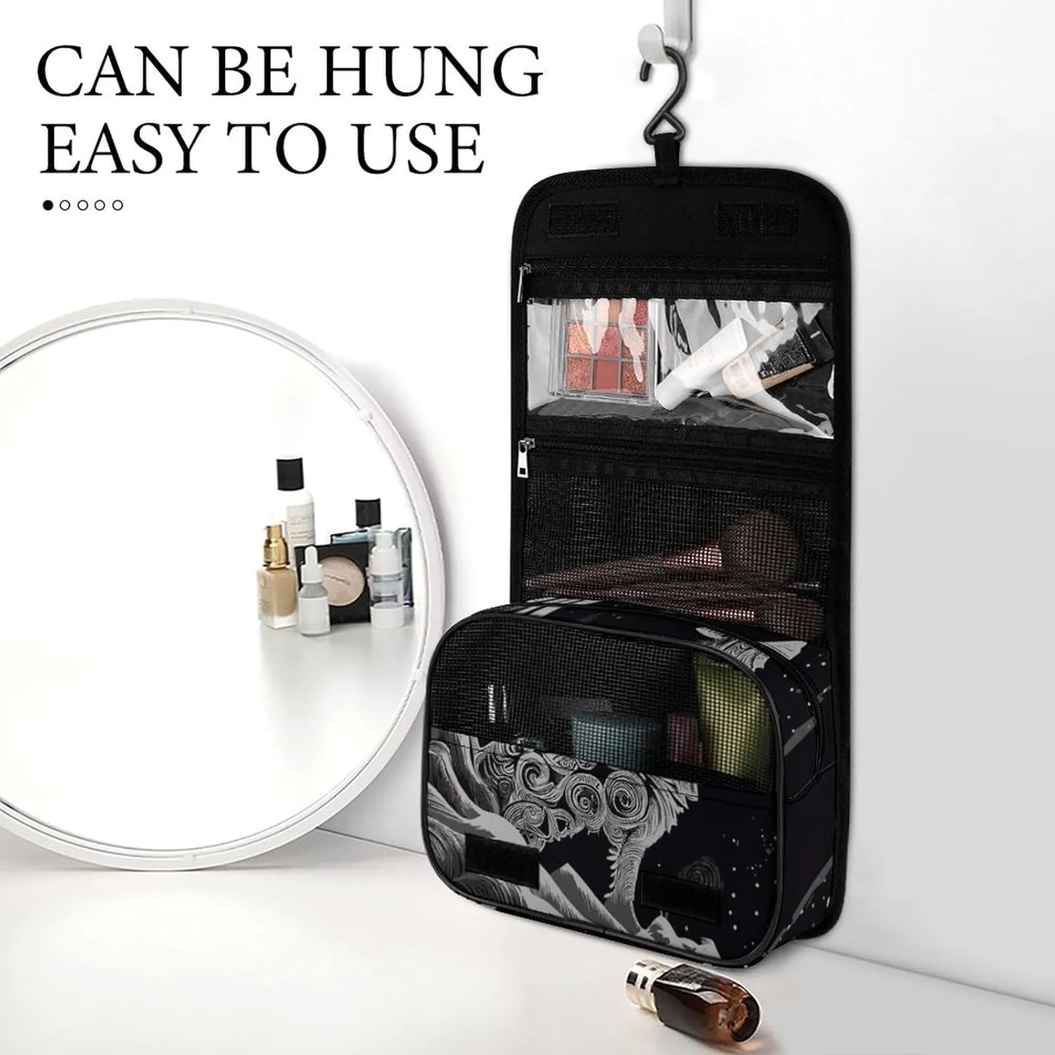 Hanging Toiletry Bag for Bathroom, Wolf Howling Moon Water-Resistant Cosmetic Storage Bag, Large Travel Makeup Case Organizer for Women Men