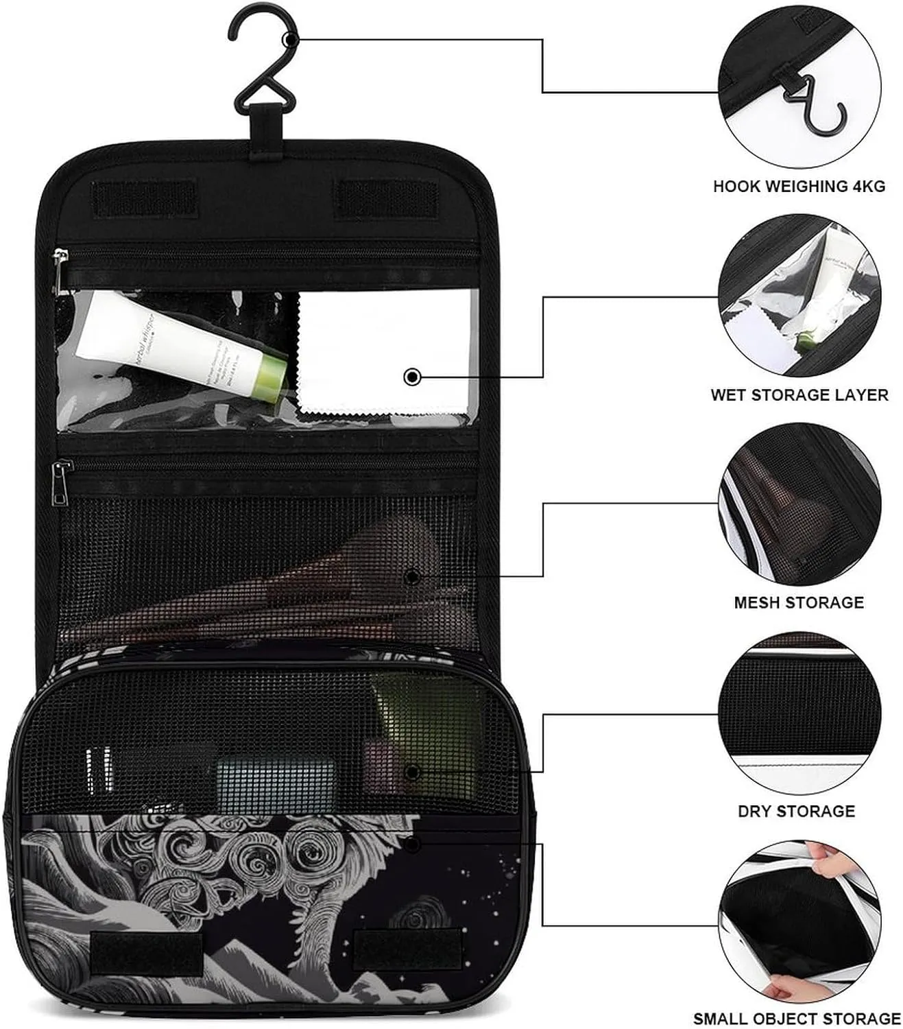 Hanging Toiletry Bag for Bathroom, Wolf Howling Moon Water-Resistant Cosmetic Storage Bag, Large Travel Makeup Case Organizer for Women Men