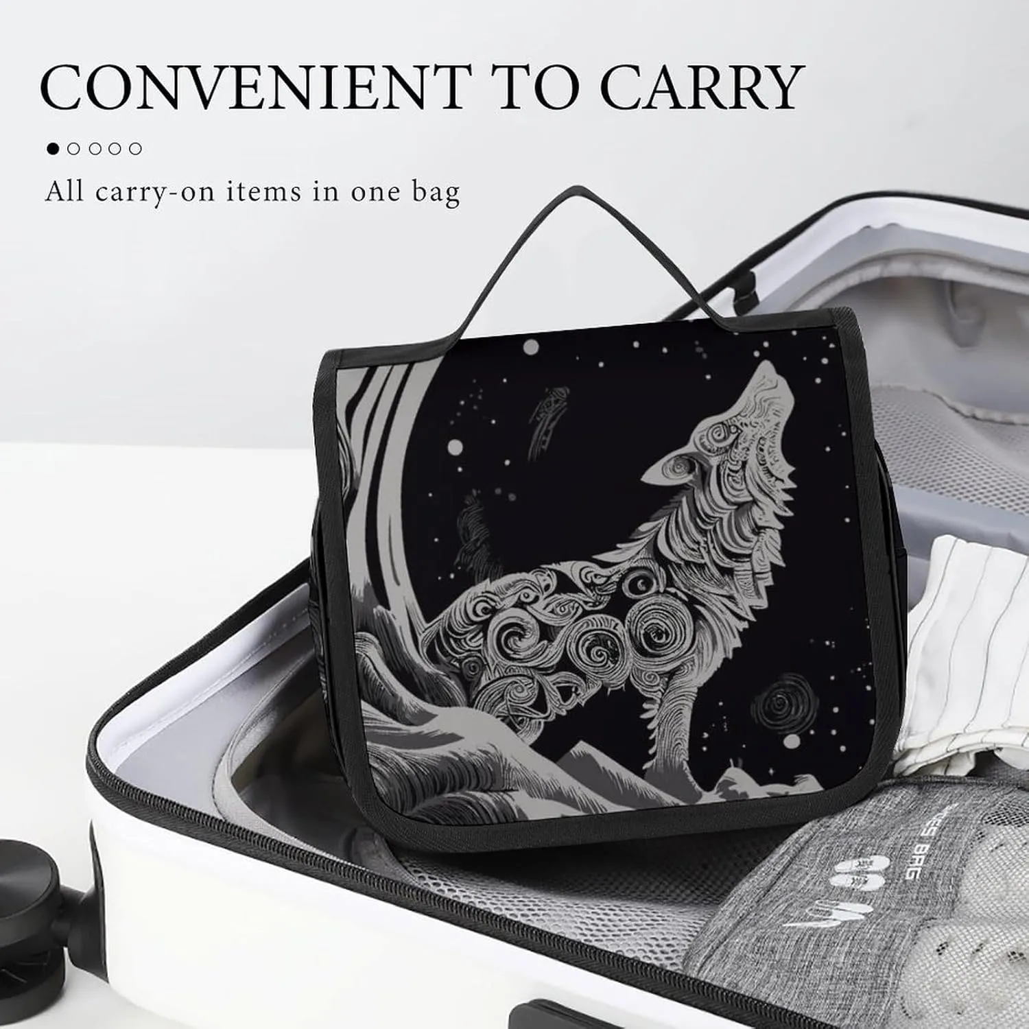 Hanging Toiletry Bag for Bathroom, Wolf Howling Moon Water-Resistant Cosmetic Storage Bag, Large Travel Makeup Case Organizer for Women Men
