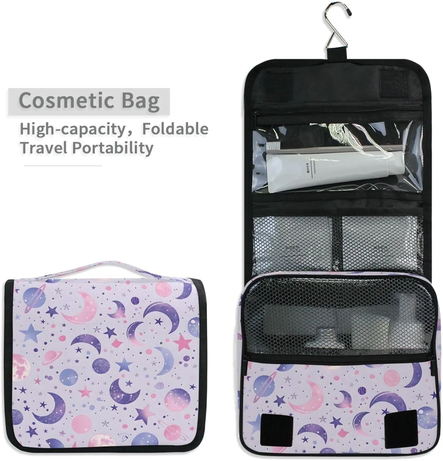 Hanging Toiletry Bag Moons Planets and Constellations Travel Makeup bag for Toiletries Portable Travel Toiletry Organizer Cosmetic Bags with Hanging Hook