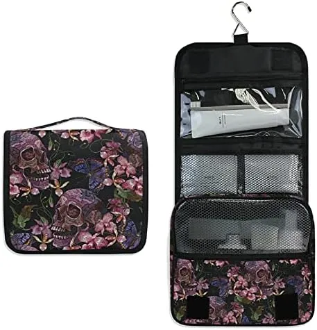 Hanging Toiletry Bag Skull Butterflies and Orchid Makeup Travel bag for Toiletries Portable Toiletry Organizer Bags Clear Toiletry Cosmetic Kit