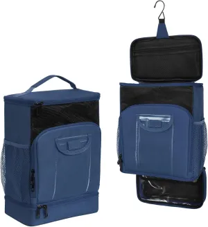 Hanging Travel Toiletry Bag for Men and Women,Toiletries Shower Organizer Kit with 7 Compartments for Large Cosmetics, Makeup, Two-way Zipper,Thick Metal Swivel Hook,Water-Resistant,Nylon,Blue