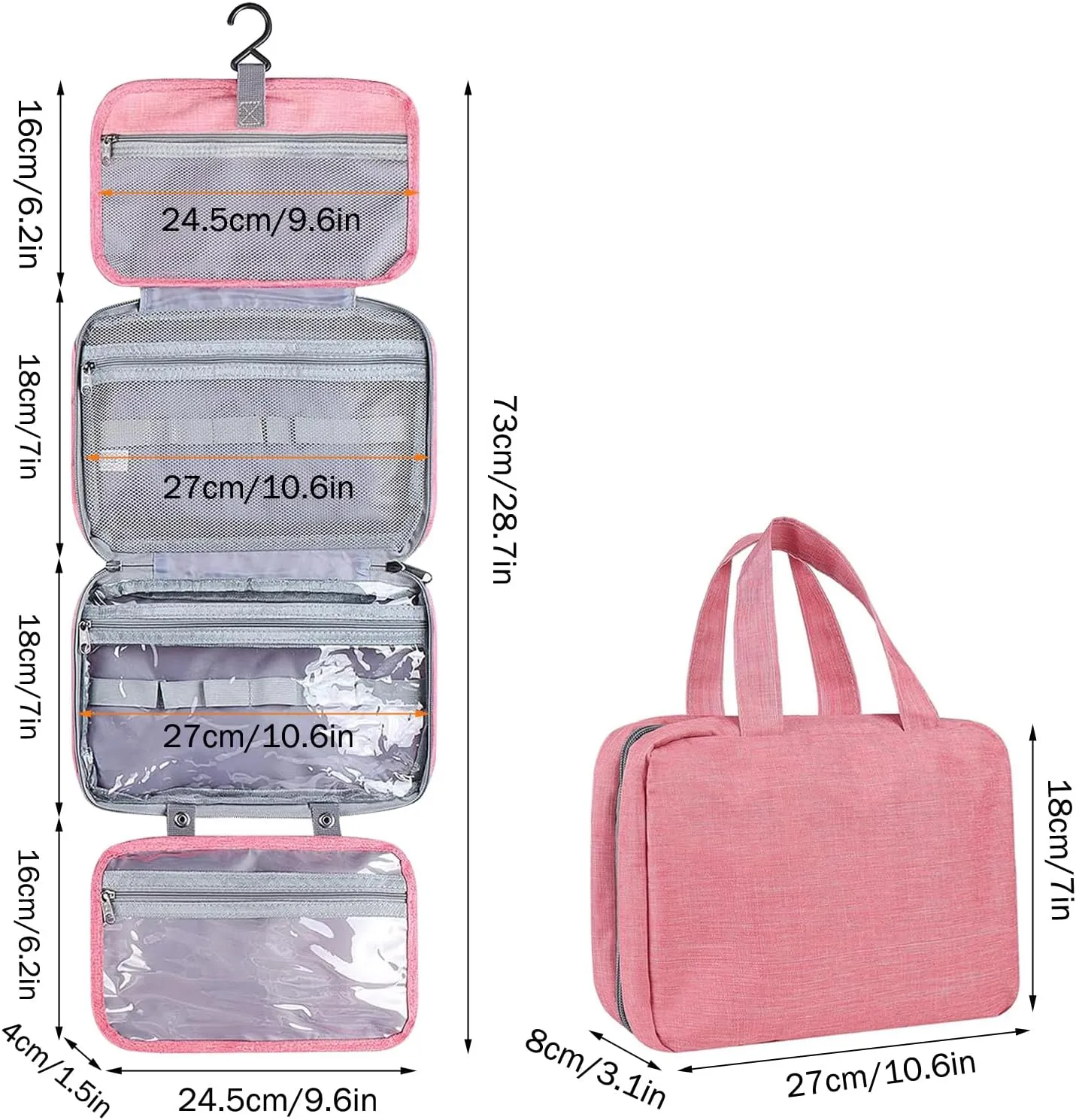hanging travel toiletry bag with Hanging Hook,Water-resistant Makeup Cosmetic Bag Travel Organizer for Accessories,Portable Toiletry Travel Organizer Bag (Pink, Large)