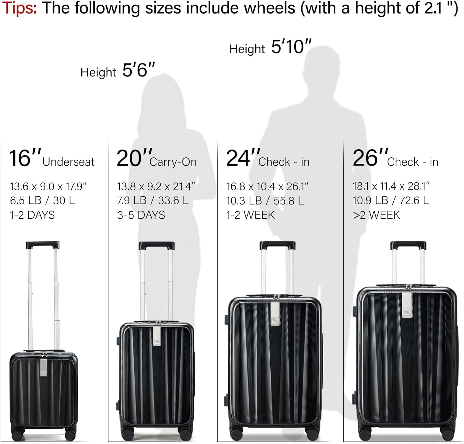 Hanke 16 inch Underseat Carry On Suitcases with Wheels,Lightweight Hard Shell Carry on Luggage with Wheels for Weekender,Top Opening Small Suitcase,Travel Luggage for Womem Men,Jet Black.