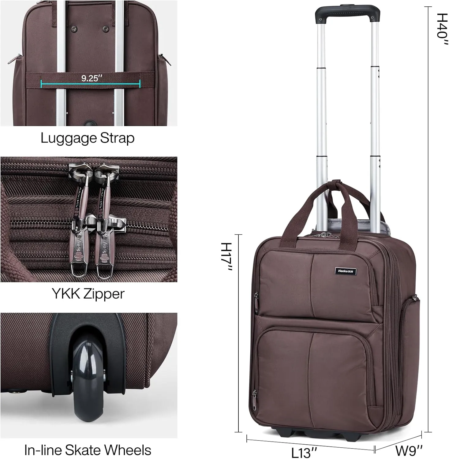 Hanke Softside Expandable Underseat Carry On Bags for Airplanes,Travel Luggage Rolling Bag Personal Item Bag Small Suitcase,Coffee,16-Inch
