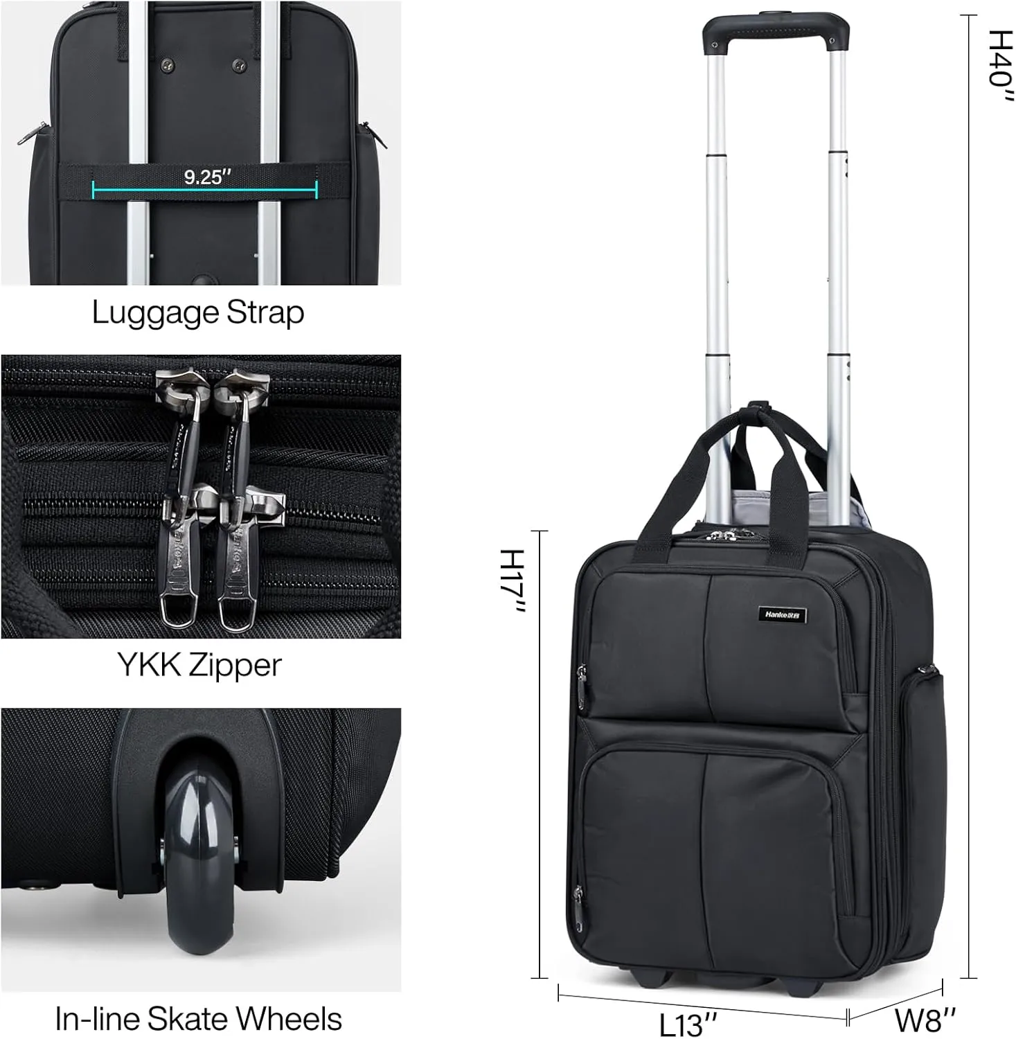 Hanke Softside Underseat Carry On Luggage with Wheels,Travel Luggage Rolling Bag Small Suitcase，Black, Underseater 16-Inch