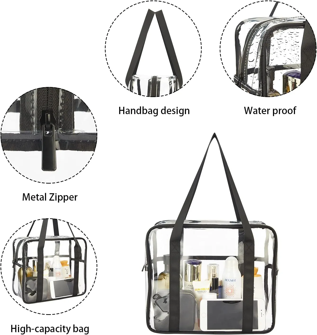 HAOGUAGUA Extra Large Clear Cosmetic Makeup Bag, Transparent PVC Tote Shoulder Bag Stadium Approved, Waterproof Clear Toiletry Carry Pouch Makeup Artist Bag Diaper Bag (Black)