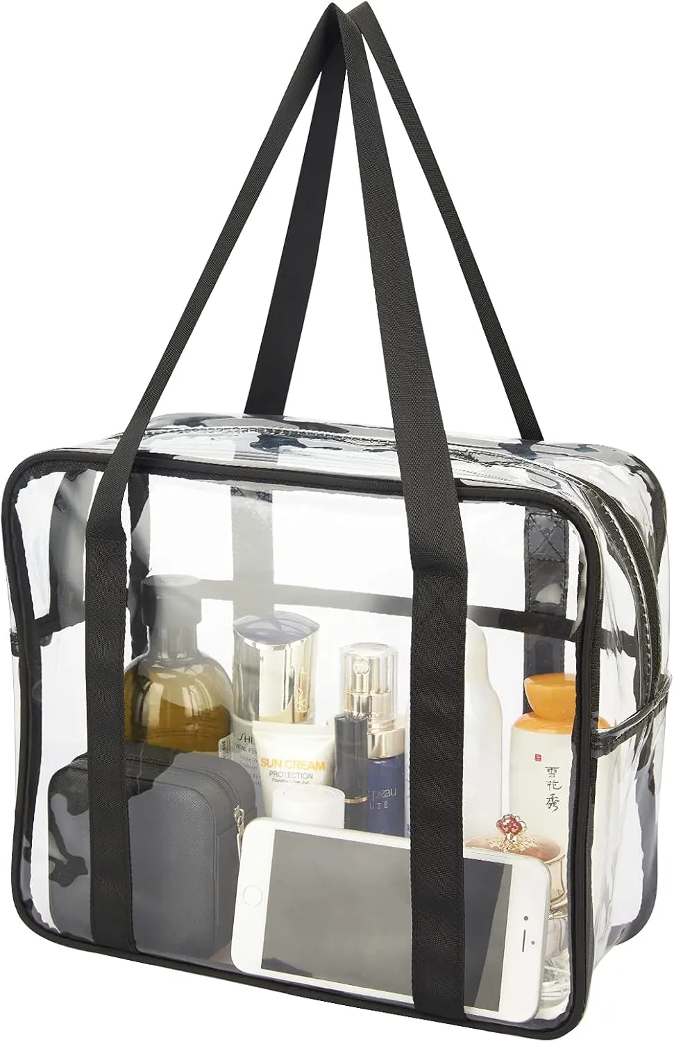 HAOGUAGUA Extra Large Clear Cosmetic Makeup Bag, Transparent PVC Tote Shoulder Bag Stadium Approved, Waterproof Clear Toiletry Carry Pouch Makeup Artist Bag Diaper Bag (Black)