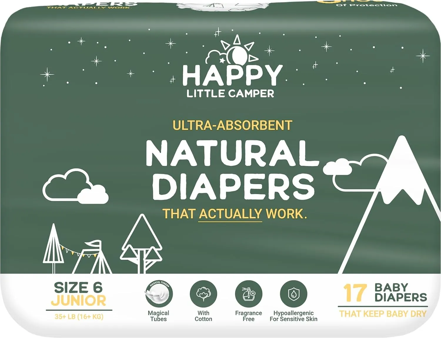 Happy Little Camper Ultra-Absorbent Natural Baby Diapers Size 6 - Hypoallergenic & Chlorine-Free Disposable Diapers Safe for Sensitive Skin - Unscented Junior Diapers - 17 Count