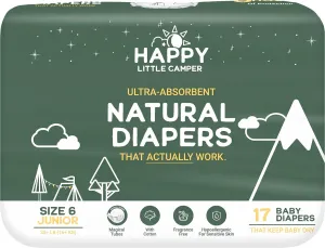 Happy Little Camper Ultra-Absorbent Natural Baby Diapers Size 6 - Hypoallergenic & Chlorine-Free Disposable Diapers Safe for Sensitive Skin - Unscented Junior Diapers - 17 Count