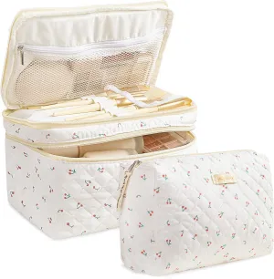 HBselect 2Pcs Double Layer Travel Quilted Coquette Makeup Bag - Aesthetic Cute Kawaii Cherry Toiletry Bags for Women & Girls