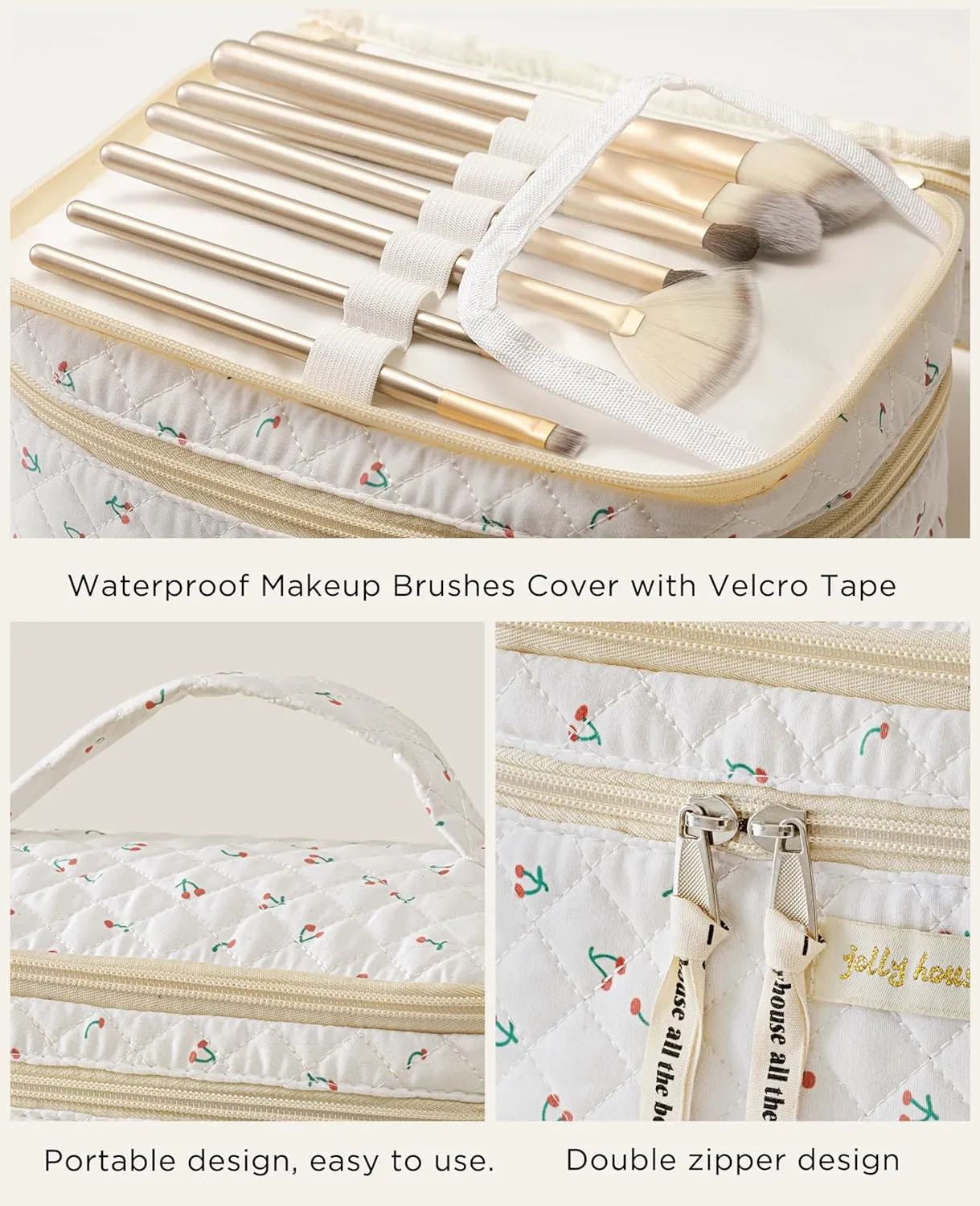 HBselect 2Pcs Double Layer Travel Quilted Coquette Makeup Bag - Aesthetic Cute Kawaii Cherry Toiletry Bags for Women & Girls