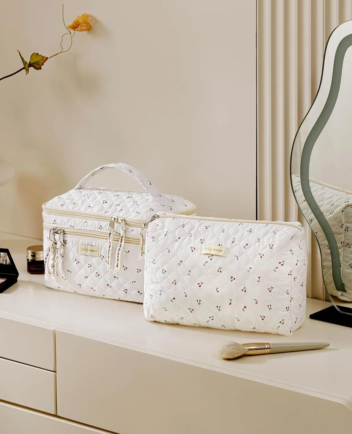 HBselect 2Pcs Double Layer Travel Quilted Coquette Makeup Bag - Aesthetic Cute Kawaii Cherry Toiletry Bags for Women & Girls