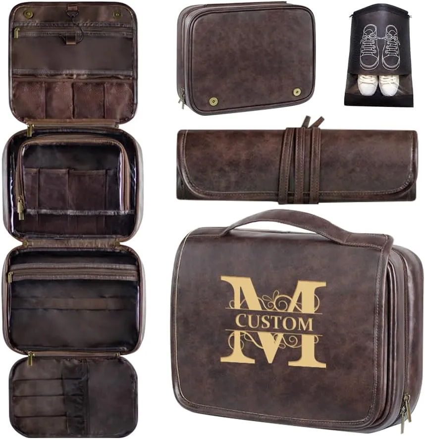 HDSD Custom Men‘s 3-in-1 PU Leather Toiletry Bag Personalized Hanging Travel Organizer Bag for Father Husband Boyfriend (Dark Brown)