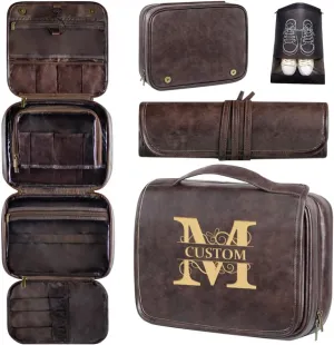HDSD Custom Men‘s 3-in-1 PU Leather Toiletry Bag Personalized Hanging Travel Organizer Bag for Father Husband Boyfriend (Dark Brown)