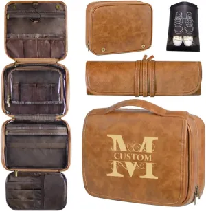 HDSD Custom Men‘s 3-in-1 PU Leather Toiletry Bag Personalized Hanging Travel Organizer Bag for Father Husband Boyfriend (Yellow Brown)