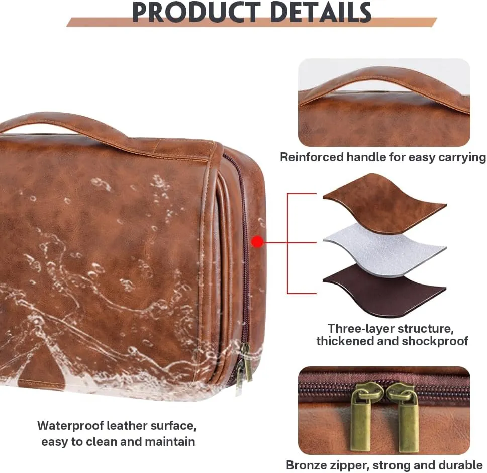 HDSD Custom Men‘s 3-in-1 PU Leather Toiletry Bag Personalized Hanging Travel Organizer Bag for Father Husband Boyfriend (Yellow Brown)