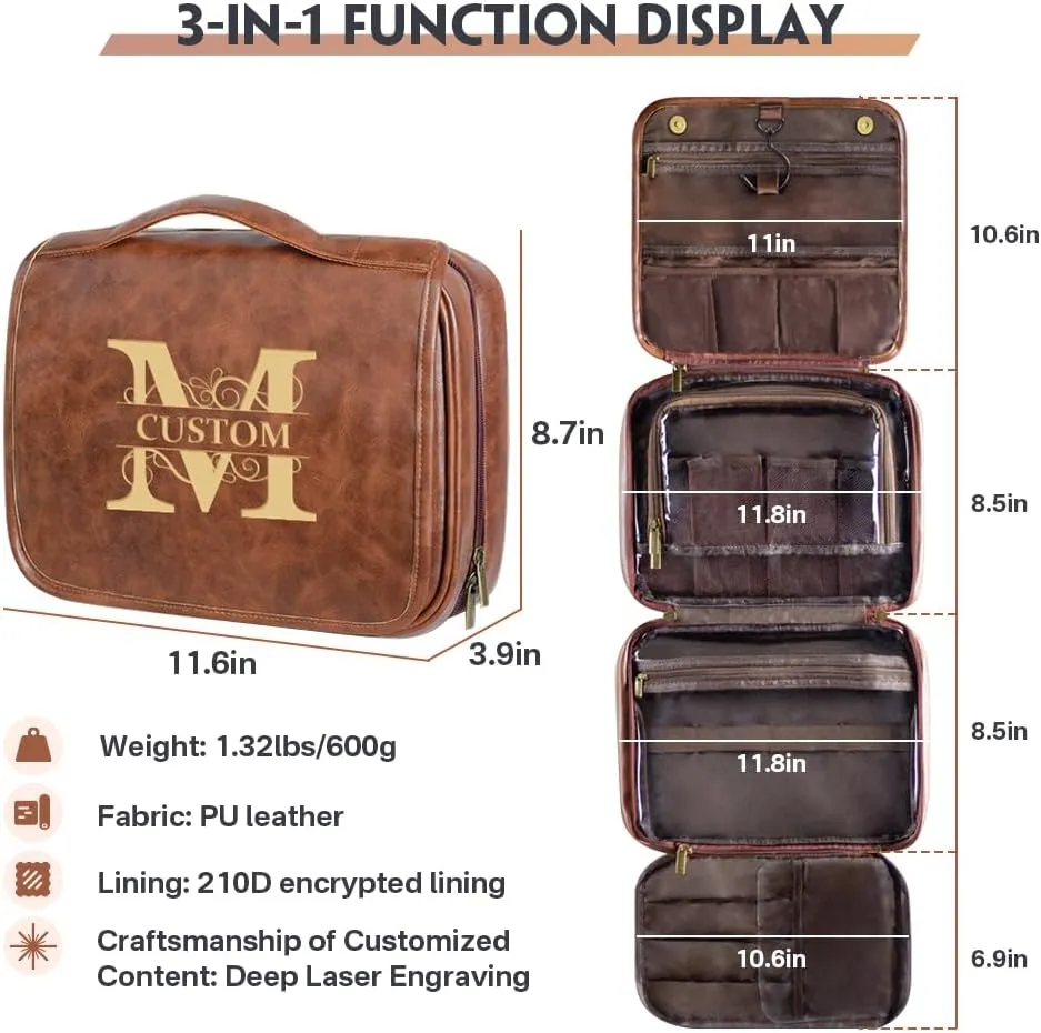 HDSD Custom Men‘s 3-in-1 PU Leather Toiletry Bag Personalized Hanging Travel Organizer Bag for Father Husband Boyfriend (Yellow Brown)