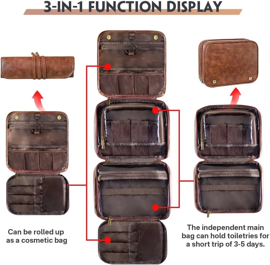 HDSD Custom Men‘s 3-in-1 PU Leather Toiletry Bag Personalized Hanging Travel Organizer Bag for Father Husband Boyfriend (Yellow Brown)