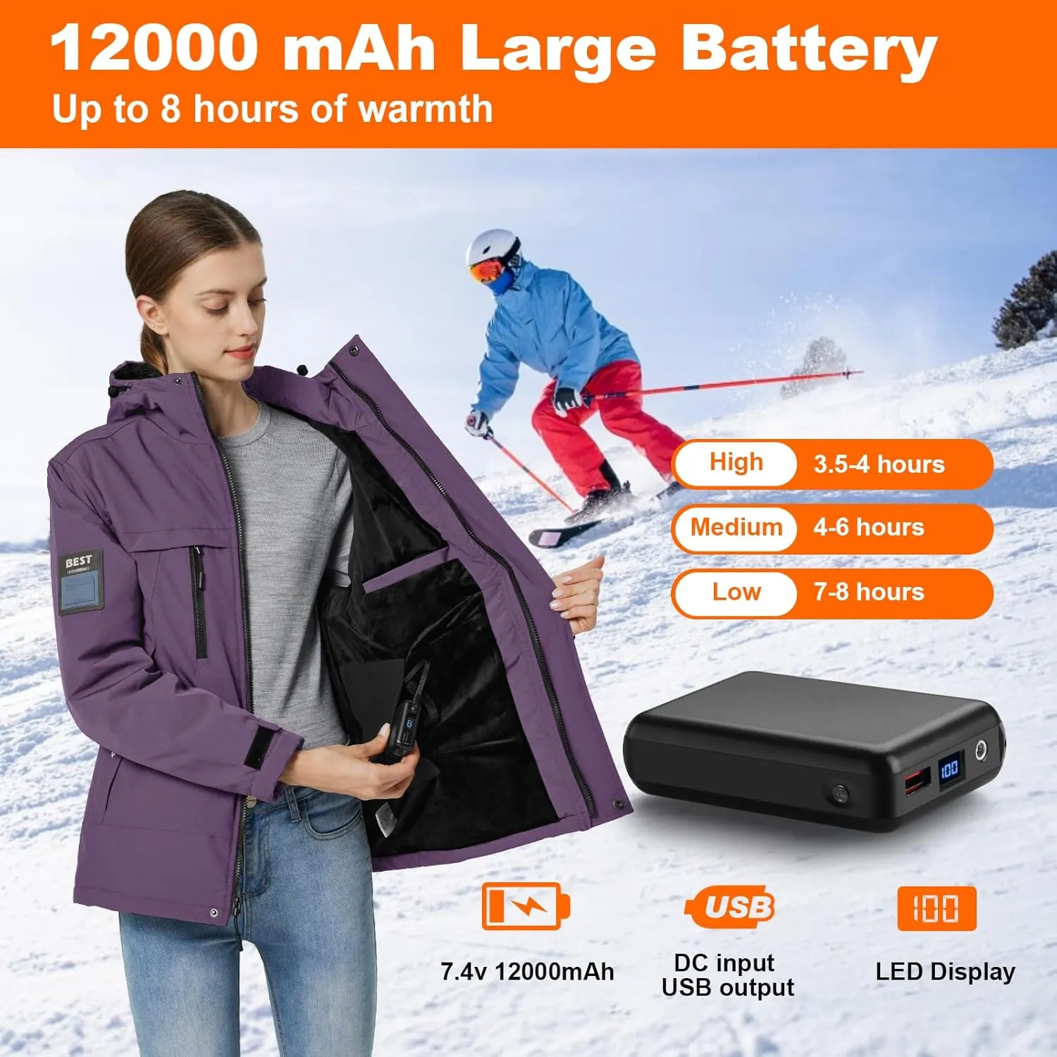 Heated Jacket for Women with Fleece Lining 12000mAh Battery Windproof Waterproof Women's Heated Coat Skiing Hunting