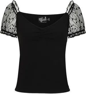 Hell Bunny Black Amandine Retro Pinup Top with Polka Dot Puff Sleeve