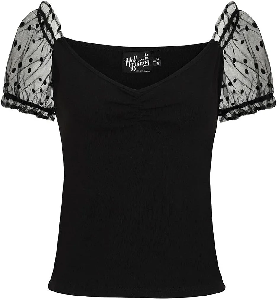 Hell Bunny Black Amandine Retro Pinup Top with Polka Dot Puff Sleeve