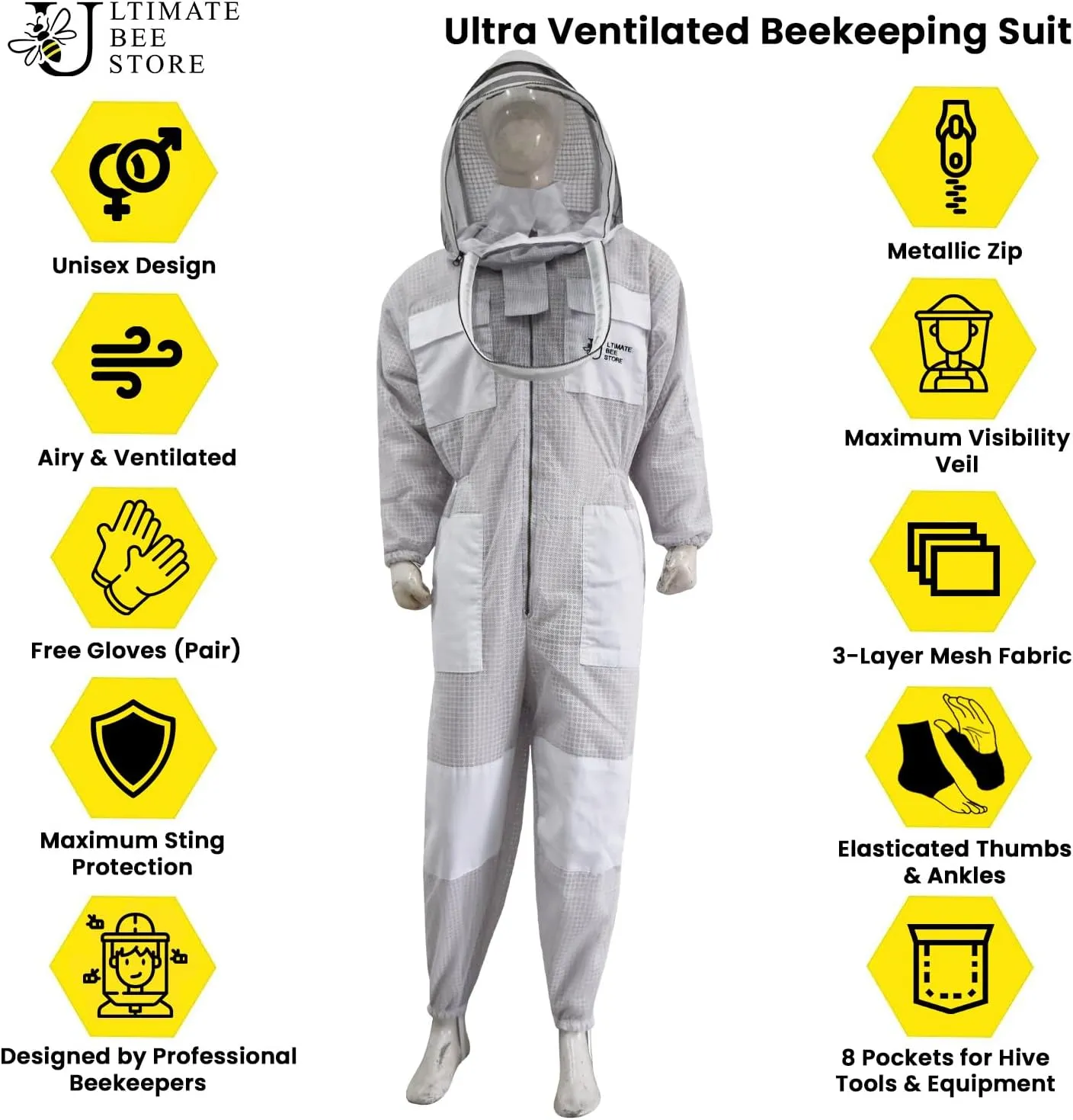 Highly Ventilated Beekeeping Suit Beekeepers 3 Layer Premium bee Suit for Men & Women with Pair of Gloves