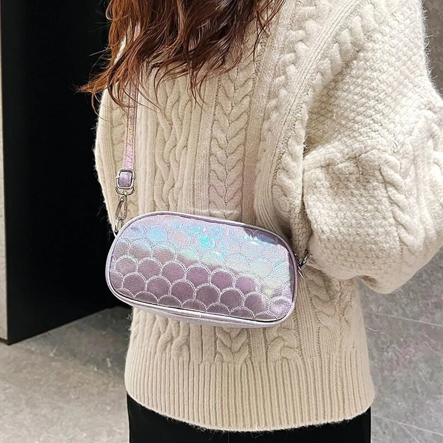 Holographic Mermaid Scale Crossbody Bag for Women Mermaid Scale Coin Purse Faux Leather Shouder Bag Shiny Mermaid Chest Bag