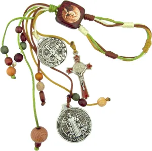 Home Blessing Multi Color Wood Beads with St Benedict Protection Medals and Enamel Crucifix